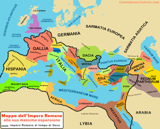 Insegnamenti Biblici - Questa Mappa dell'Impero Romano ci mostra la sua espansione al tempo di Gesu` nell'epoca del Nuovo Testamento e al culmine della sua potenza nel 116 d.C. sotto l'imperatore Traiano - ConformingToJesus