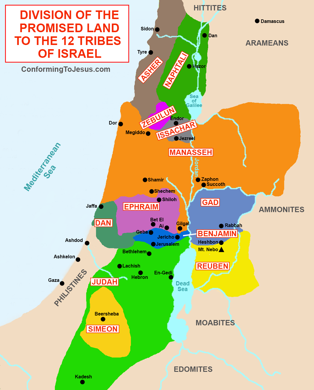 Division of the Promised Land to the 12 Tribes of Israel Map