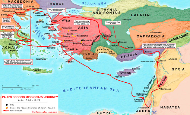 The Second Missionary Journey takes Paul from Antioch to Cyprus then southern Asia Minor, and back to Antioch. The Paul's Second Missionary Journey Map outlines his Second Evangelical Mission itinerary - ConformingToJesus.com