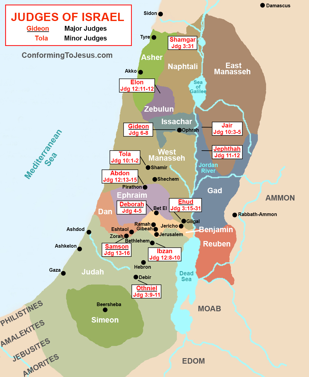 Judges of Ancient Israel Map - Old Testament Biblical Judges